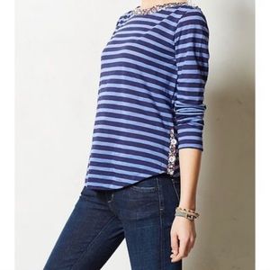Anthro Postmark Striped Floral Button Accent Top